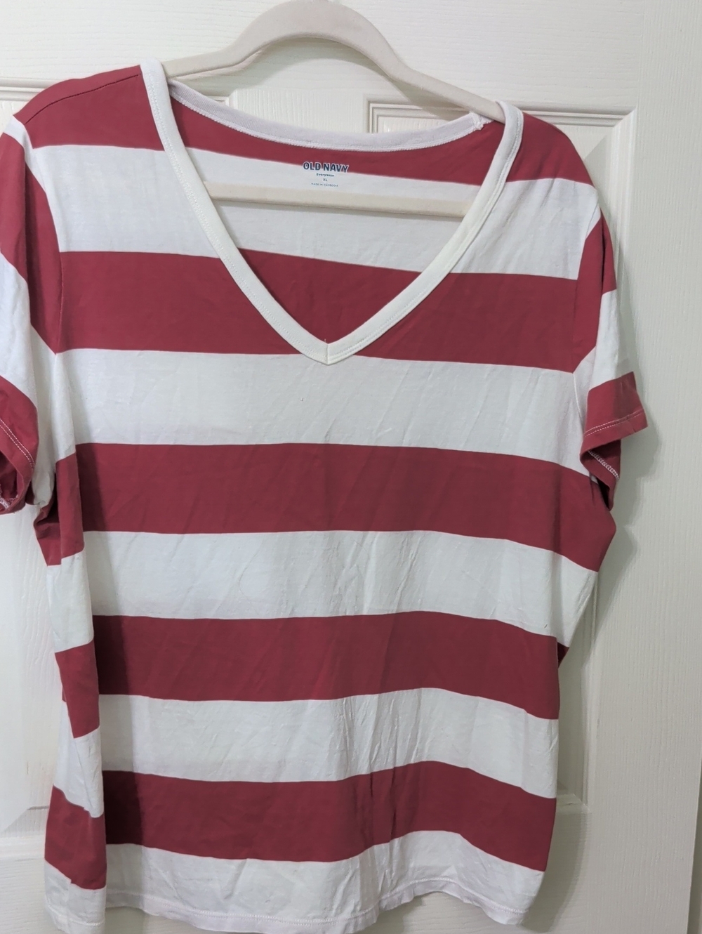 Old Navy Red and White Striped V-Neck Short Sleeve Tee